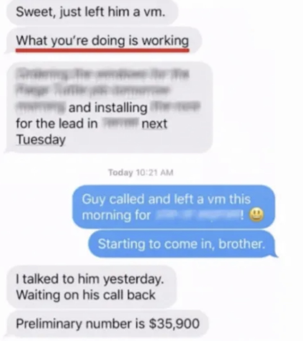 Text conversation showing $10,000+ lead generation success